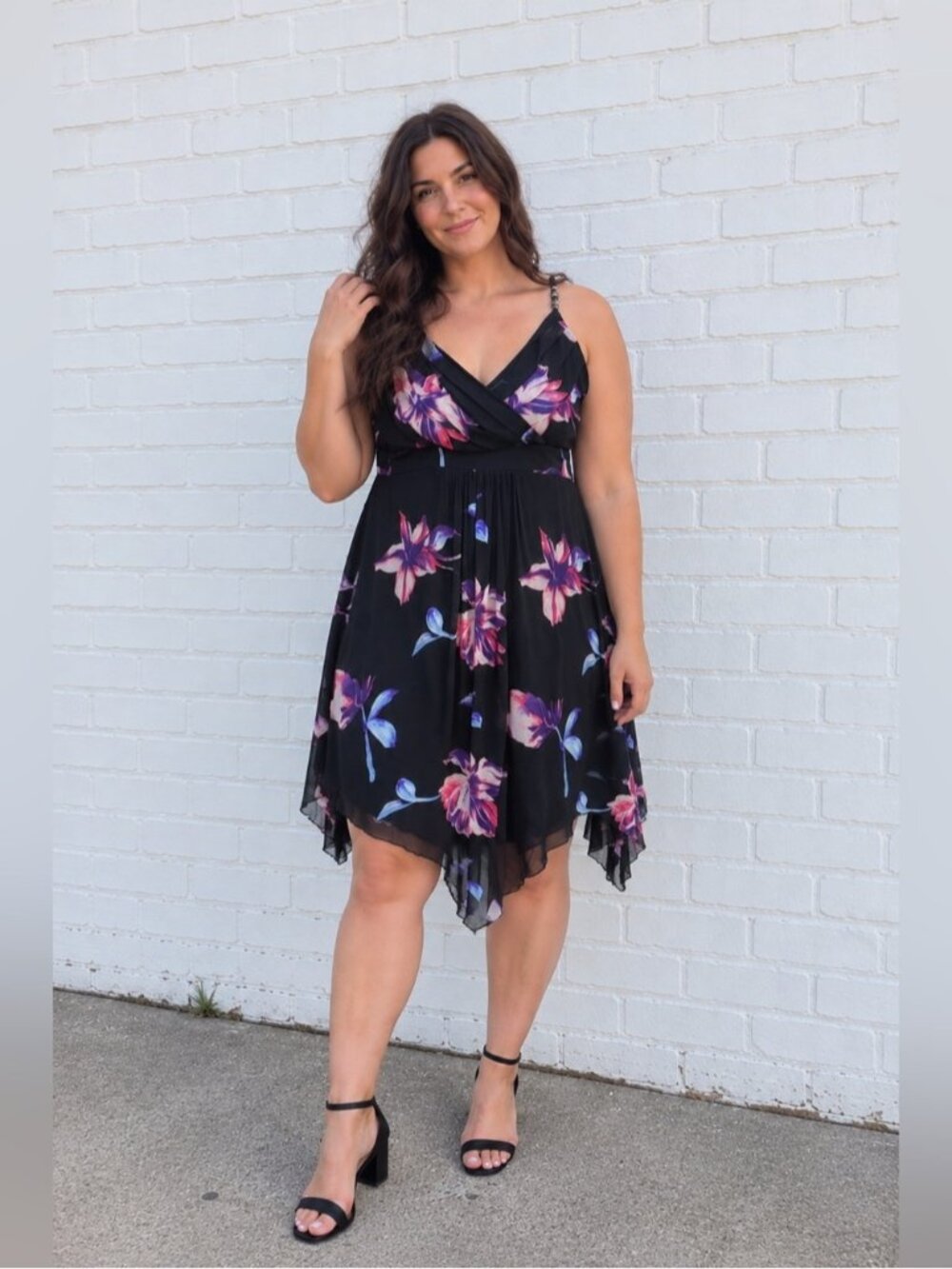Ricki’s Womens Size 14 Black Floral Midi Dress Asymmetrical Hem Wedding Guest